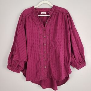 Anthropologie Pilcro Tavi Plum Purple Buttondown Swiss Dot Cotton Oversized Top